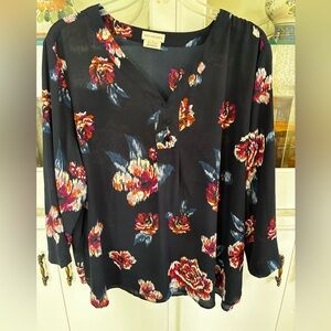 Van Heusen Women's Navy Blue Jewel Tone Floral Blouse XL
